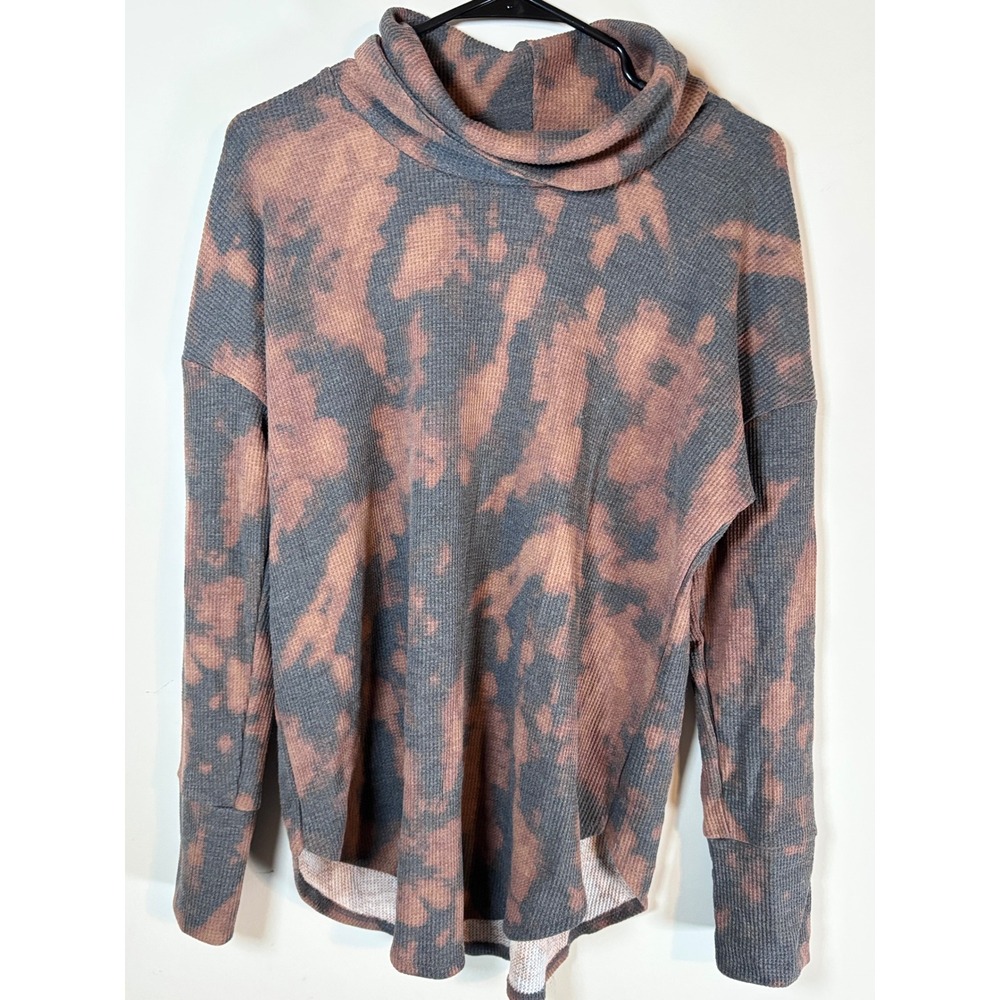 LuLaRoe Amber Cowl Neck Top Large Grey Orange Tie Dye Waffle Knit Button Cuff L